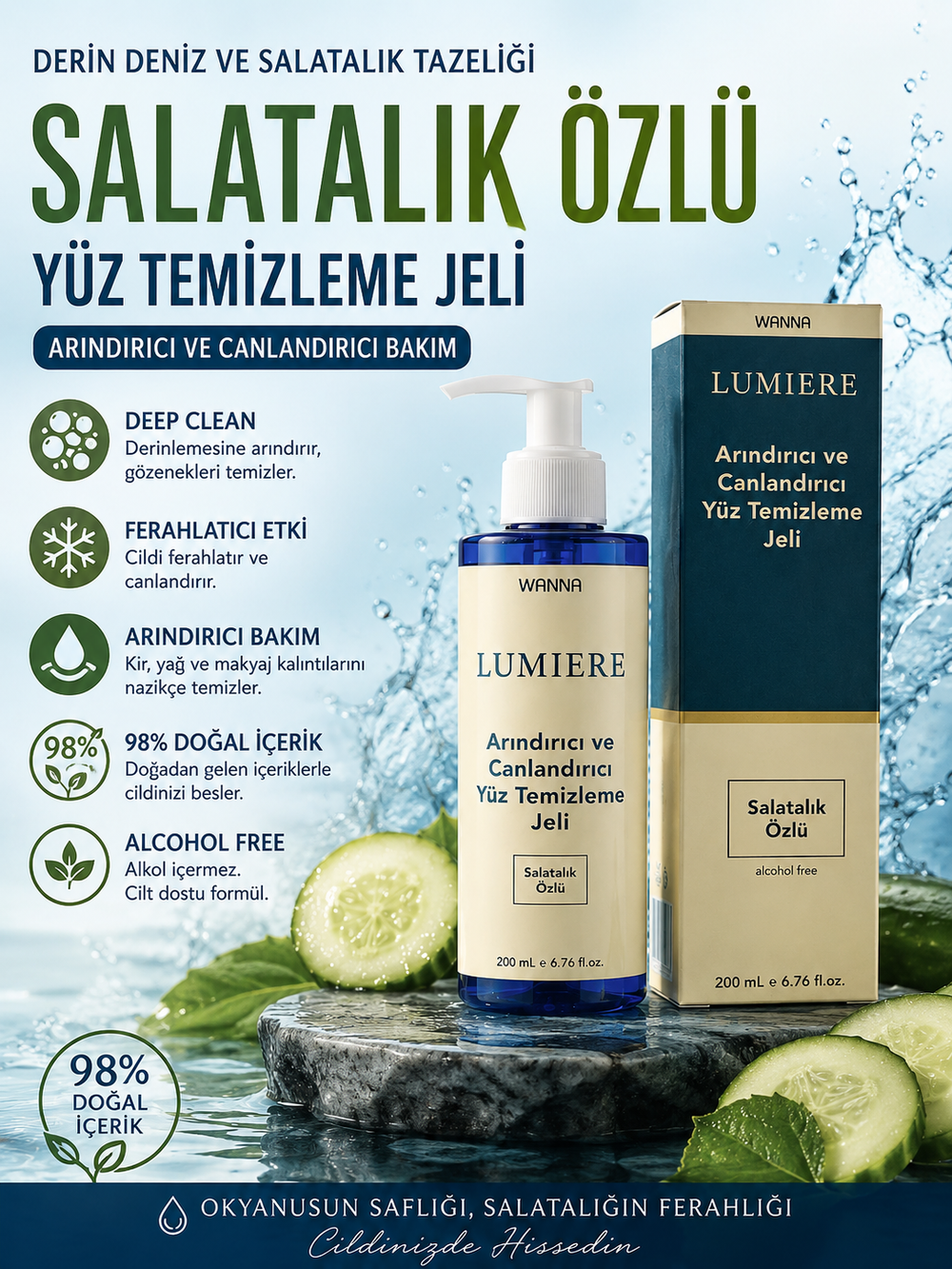 WANNA LUMIERE AQUA SENSATİON Yüz Temizleme Jeli 200 ML | Salatalık Özlü Arındırıcı ve Canlandırıcı Cilt Temizleyici