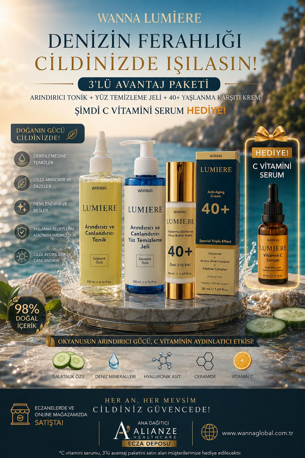 WANNA LUMIERE 4’lü Cilt Bakım Seti | Arındırıcı Tonik + Yüz Temizleme Jeli + 40+ Bakım Kremi + Vitamin C Serum Hediyeli