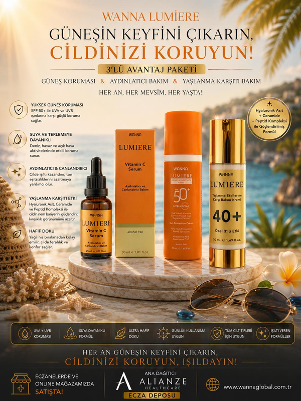 WANNA LUMIERE 3’lü Cilt Bakım Seti SPF50+ Güneş Koruyucu + Vitamin C Serum + 40+ Yaşlanma Karşıtı Nemlendirici