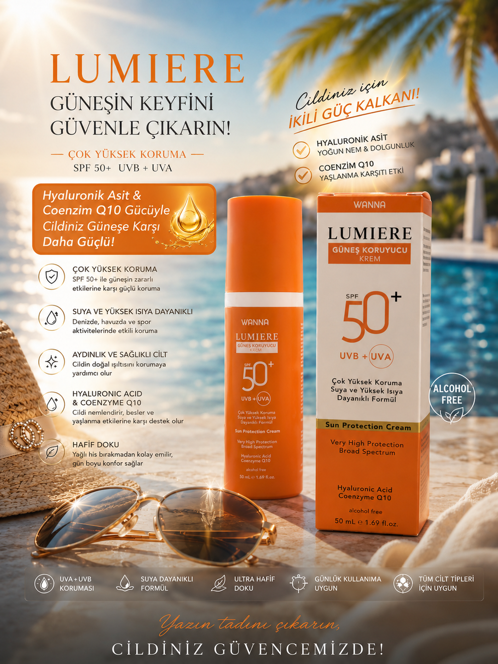 WANNA LUMIERE SPF 50+ Güneş Koruyucu Krem | Hyaluronik Asit & Coenzim Q10 İçerikli Ultra Koruma