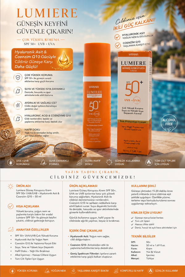 WANNA LUMIERE SPF 50+ Güneş Koruyucu Krem | Hyaluronik Asit & Coenzim Q10 İçerikli Ultra Koruma