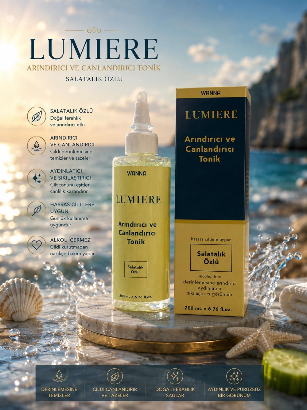 WANNA LUMIERE Salatalık Özlü Yüz Toniği 200 ML | Arındırıcı ve Canlandırıcı Cilt Toniği | Alcohol Free Ferahlatıcı Tonik