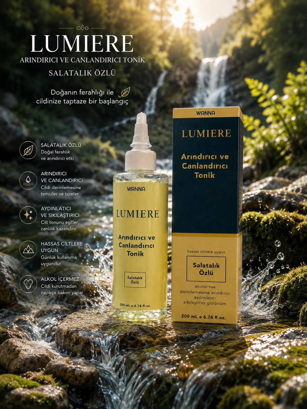 WANNA LUMIERE Salatalık Özlü Yüz Toniği 200 ML | Arındırıcı ve Canlandırıcı Cilt Toniği | Alcohol Free Ferahlatıcı Tonik