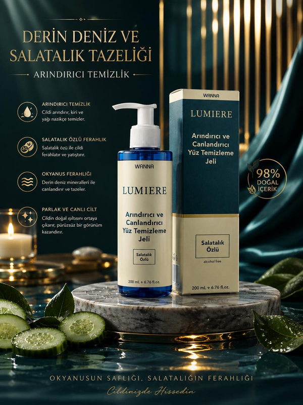 WANNA LUMIERE AQUA SENSATİON Yüz Temizleme Jeli 200 ML | Salatalık Özlü Arındırıcı ve Canlandırıcı Cilt Temizleyici